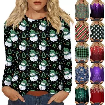 Рубашки с длинным рукавом для женщин, милые футболки с принтом на Рождество, блузки, повседневные топы больших размеров, пуловеры XXXXL