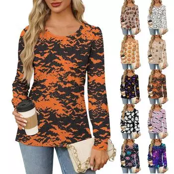 Рубашки с длинным рукавом для женщин, милые принты, графические футболки, блузки, нарядные повседневные блузки, плиссированные туники с круглым вырезом, топы на Хэллоуин XL бежевый