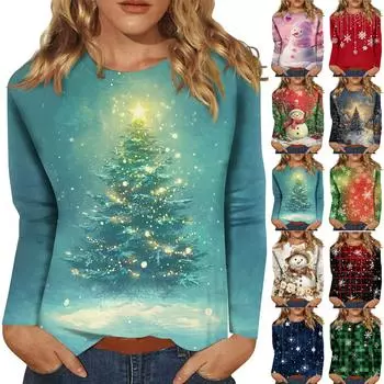 Рубашки с длинным рукавом для женщин Милые принты Футболки Блузки Повседневные Большие размеры Базовые топы Пуловеры Рождественские S красный