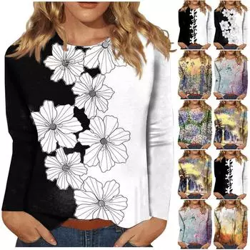 Рубашки с длинным рукавом для женщин, милые футболки с графическим принтом, блузки, повседневные базовые топы больших размеров, пуловеры L чёрный