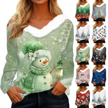 Рубашки с длинным рукавом для женщин Милые топы Рождественские принты Футболки Блузки Повседневные топы больших размеров Базовые топы Пуловеры L синий