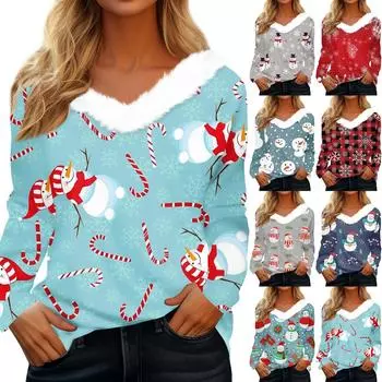 Рубашки с длинным рукавом для женщин Милые топы Рождественские принты Футболки Блузки Повседневные топы больших размеров Базовые топы Пуловеры M красный