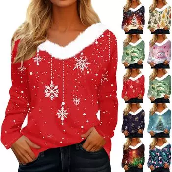 Рубашки с длинным рукавом для женщин Милые топы Рождественские принты Футболки Блузки Повседневные топы больших размеров Базовые топы Пуловеры L синий