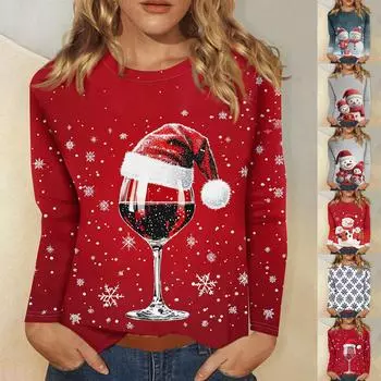 Рубашки с длинным рукавом для женщин Милые принты Футболки Блузки Повседневные Большие размеры Базовые топы Пуловеры Рождественские M белый