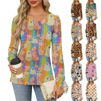 Рубашки с длинным рукавом для женщин, милые принты, графические футболки, блузки, нарядные повседневные блузки, плиссированные туники с круглым вырезом, топы на Хэллоуин XXL жёлтый
