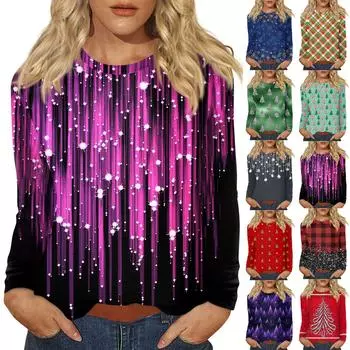 Рубашки с длинным рукавом для женщин, милые футболки с принтом на Рождество, блузки, повседневные топы больших размеров, пуловеры XL