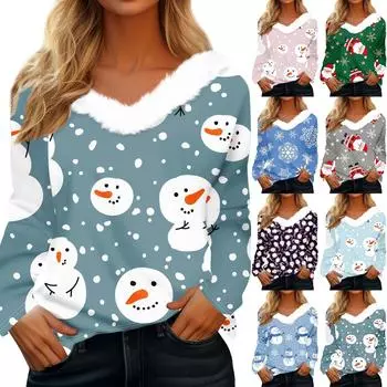 Рубашки с длинным рукавом для женщин Милые топы Рождественские принты Футболки Блузки Повседневные топы больших размеров Базовые топы Пуловеры XXL