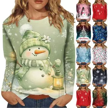 Рубашки с длинным рукавом для женщин Милые принты Футболки Блузки Повседневные Большие размеры Базовые топы Пуловеры Рождественские XL зелёный