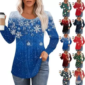 Рубашки с длинным рукавом для женщин Милые принты Графические футболки Блузки Нарядные повседневные блузки Плиссированные туники с круглым вырезом Топы Рождество L винный