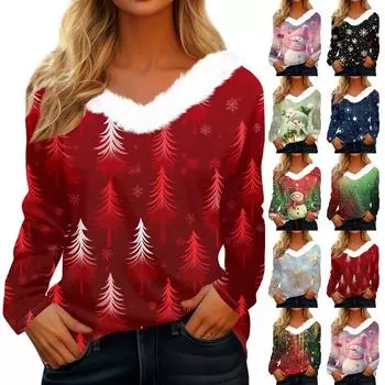 Рубашки с длинным рукавом для женщин Милые топы Рождественские принты Футболки Блузки Повседневные топы больших размеров Базовые топы Пуловеры L чёрный