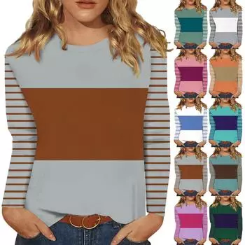Рубашки с длинным рукавом для женщин Милые футболки с графическим принтом Блузки Повседневные топы больших размеров Пуловеры Цветные блоки L армия зеленый