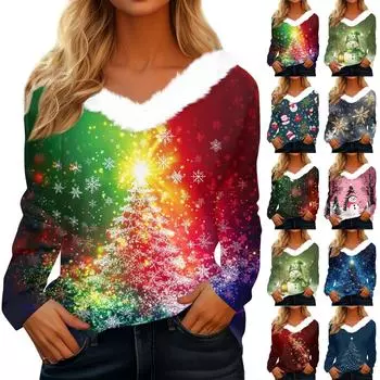 Рубашки с длинным рукавом для женщин Милые топы Рождественские принты Футболки Блузки Повседневные топы больших размеров Базовые топы Пуловеры L синий