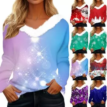 Рубашки с длинным рукавом для женщин Милые топы Рождественские принты Футболки Блузки Повседневные топы больших размеров Базовые топы Пуловеры XXXL