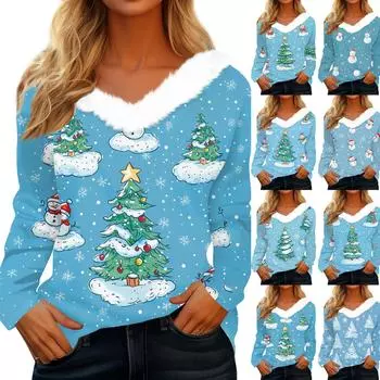 Рубашки с длинным рукавом для женщин Милые топы Рождественские принты Футболки Блузки Повседневные топы больших размеров Базовые топы Пуловеры L розовый