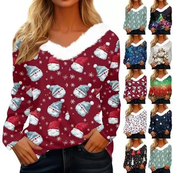 Рубашки с длинным рукавом для женщин Милые топы Рождественские принты Футболки Блузки Повседневные топы больших размеров Базовые топы Пуловеры XXL