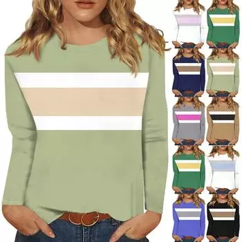 Рубашки с длинным рукавом для женщин Милые футболки с графическим принтом Блузки Повседневные топы больших размеров Пуловеры Цветные блоки L чёрный