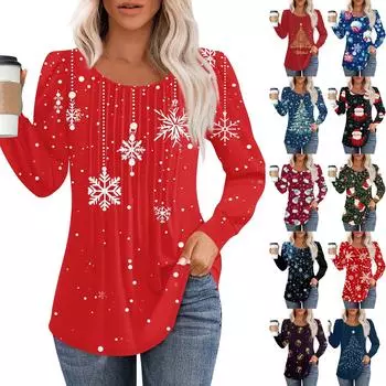 Рубашки с длинным рукавом для женщин Милые принты Графические футболки Блузки Нарядные повседневные блузки Плиссированные туники с круглым вырезом Топы Рождество XXL