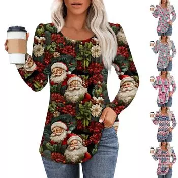 Рубашки с длинным рукавом для женщин Милые принты Графические футболки Блузки Нарядные повседневные блузки Плиссированные туники с круглым вырезом Топы Рождество L темно-зеленого