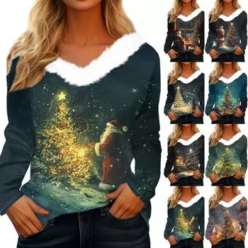Рубашки с длинным рукавом для женщин Милые топы Рождественские принты Футболки Блузки Повседневные топы больших размеров Базовые топы Пуловеры S