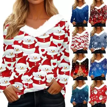 Рубашки с длинным рукавом для женщин Милые топы Рождественские принты Футболки Блузки Повседневные топы больших размеров Базовые топы Пуловеры XXL красный