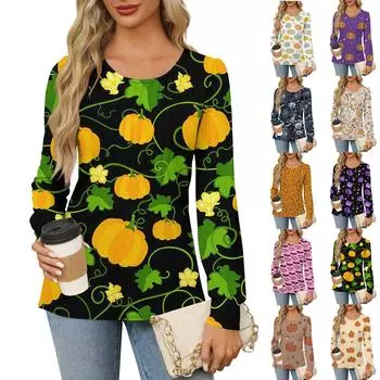 Рубашки с длинным рукавом для женщин, милые принты, графические футболки, блузки, нарядные повседневные блузки, плиссированные туники с круглым вырезом, топы на Хэллоуин L розовый