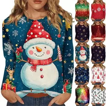 Рубашки с длинным рукавом для женщин Милые принты Футболки Блузки Повседневные Большие размеры Базовые топы Пуловеры Рождественские XXXXL зелёный