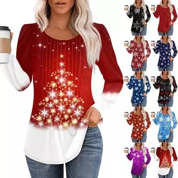 Рубашки с длинным рукавом для женщин Милые принты Графические футболки Блузки Нарядные повседневные блузки Плиссированные туники с круглым вырезом Топы Рождество XL фиолетовый