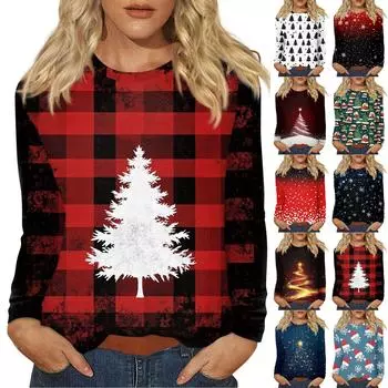 Рубашки с длинным рукавом для женщин, милые футболки с принтом на Рождество, блузки, повседневные топы больших размеров, пуловеры XXXXXL красный