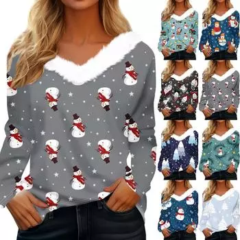 Рубашки с длинным рукавом для женщин Милые топы Рождественские принты Футболки Блузки Повседневные топы больших размеров Базовые топы Пуловеры XXXL