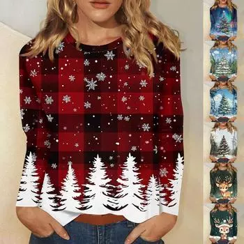 Рубашки с длинным рукавом для женщин Милые принты Футболки Блузки Повседневные Большие размеры Базовые топы Пуловеры Рождественские L чёрный