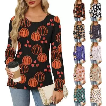 Рубашки с длинным рукавом для женщин, милые принты, графические футболки, блузки, нарядные повседневные блузки, плиссированные туники с круглым вырезом, топы на Хэллоуин XL синий