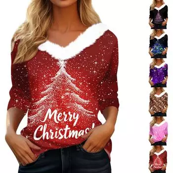 Рубашки с длинным рукавом для женщин Милые топы Рождественские принты Футболки Блузки Повседневные топы больших размеров Базовые топы Пуловеры S