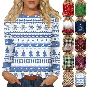 Рубашки с длинным рукавом для женщин, милые футболки с принтом на Рождество, блузки, повседневные топы больших размеров, пуловеры XXXXXL