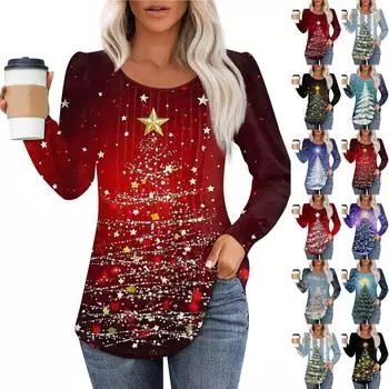 Рубашки с длинным рукавом для женщин Милые принты Графические футболки Блузки Нарядные повседневные блузки Плиссированные туники с круглым вырезом Топы Рождество L чёрный