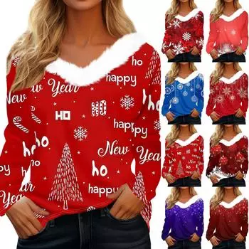 Рубашки с длинным рукавом для женщин Милые топы Рождественские принты Футболки Блузки Повседневные топы больших размеров Базовые топы Пуловеры M