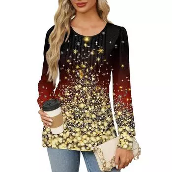 Рубашки с длинным рукавом для женщин Милые принты Графические футболки Блузки Нарядные повседневные блузки Плиссированные туники с круглым вырезом Топы Рождество S золотой