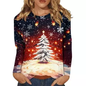 Рубашки с длинным рукавом для женщин Милые футболки с графическим принтом Блузки Повседневные базовые топы Пуловеры Рождественские женские топы S
