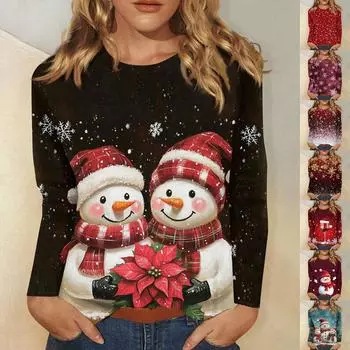 Рубашки с длинным рукавом для женщин Милые принты Футболки Блузки Повседневные Большие размеры Базовые топы Пуловеры Рождественские L