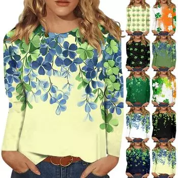 Рубашки с длинным рукавом для женщин Милые принты Футболки Блузки Повседневные Большие размеры Базовые топы Пуловеры Рождественские L армия зеленый