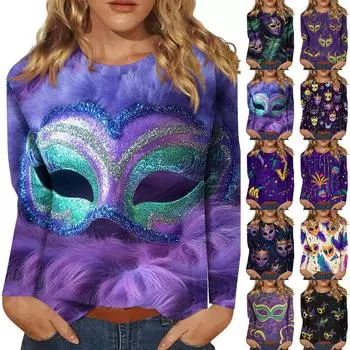 Рубашки с длинным рукавом для женщин Милые принты Графические футболки Блузки Нарядные повседневные блузки Плиссированные туники с круглым вырезом Топы Рождество L чёрный