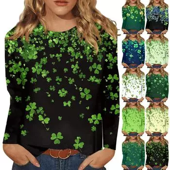 Рубашки с длинным рукавом для женщин Милые принты Футболки Блузки Повседневные Большие размеры Базовые топы Пуловеры Рождественские L армия зеленый
