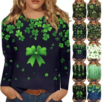 Рубашки с длинным рукавом для женщин Милые принты Футболки Блузки Повседневные Большие размеры Базовые топы Пуловеры Рождественские L армия зеленый