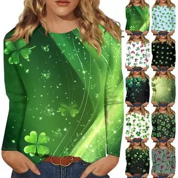 Рубашки с длинным рукавом для женщин Милые принты Футболки Блузки Повседневные Большие размеры Базовые топы Пуловеры Рождественские L армия зеленый