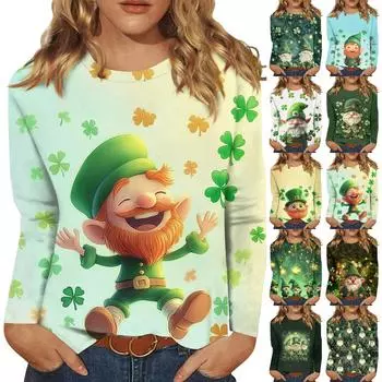 Рубашки с длинным рукавом для женщин Милые футболки с графическим принтом Блузки Повседневные топы больших размеров Базовые топы Пуловеры St. День Патрика L чёрный