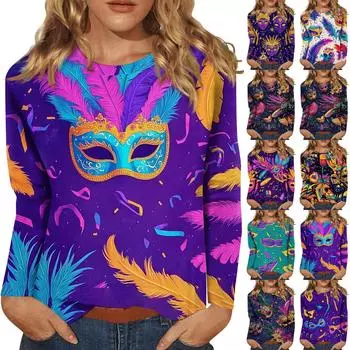Рубашки с длинным рукавом для женщин Милые принты Графические футболки Блузки Нарядные повседневные блузки Плиссированные туники с круглым вырезом Топы Рождество L чёрный