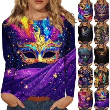 Рубашки с длинным рукавом для женщин Милые принты Графические футболки Блузки Нарядные повседневные блузки Плиссированные туники с круглым вырезом Топы Рождество L чёрный