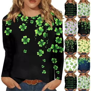 Рубашки с длинным рукавом для женщин Милые принты Футболки Блузки Повседневные Большие размеры Базовые топы Пуловеры Рождественские L циан