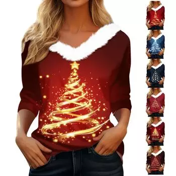 Рубашки с длинным рукавом для женщин Милые топы Рождественские принты Футболки Блузки Повседневные топы больших размеров Базовые топы Пуловеры M синий