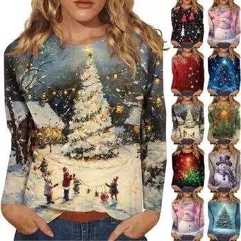 Рубашки с длинным рукавом для женщин Милые принты Футболки Блузки Повседневные Большие размеры Базовые топы Пуловеры Рождественские XXXXL