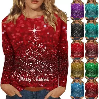 Рубашки с длинным рукавом для женщин Милые принты Футболки Блузки Повседневные Большие размеры Базовые топы Пуловеры Рождественские L